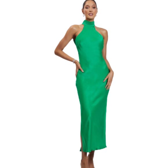 Meshki Dresses & Skirts - Meshki Claire Satin Drape Back Green Maxi Side Slit Dress